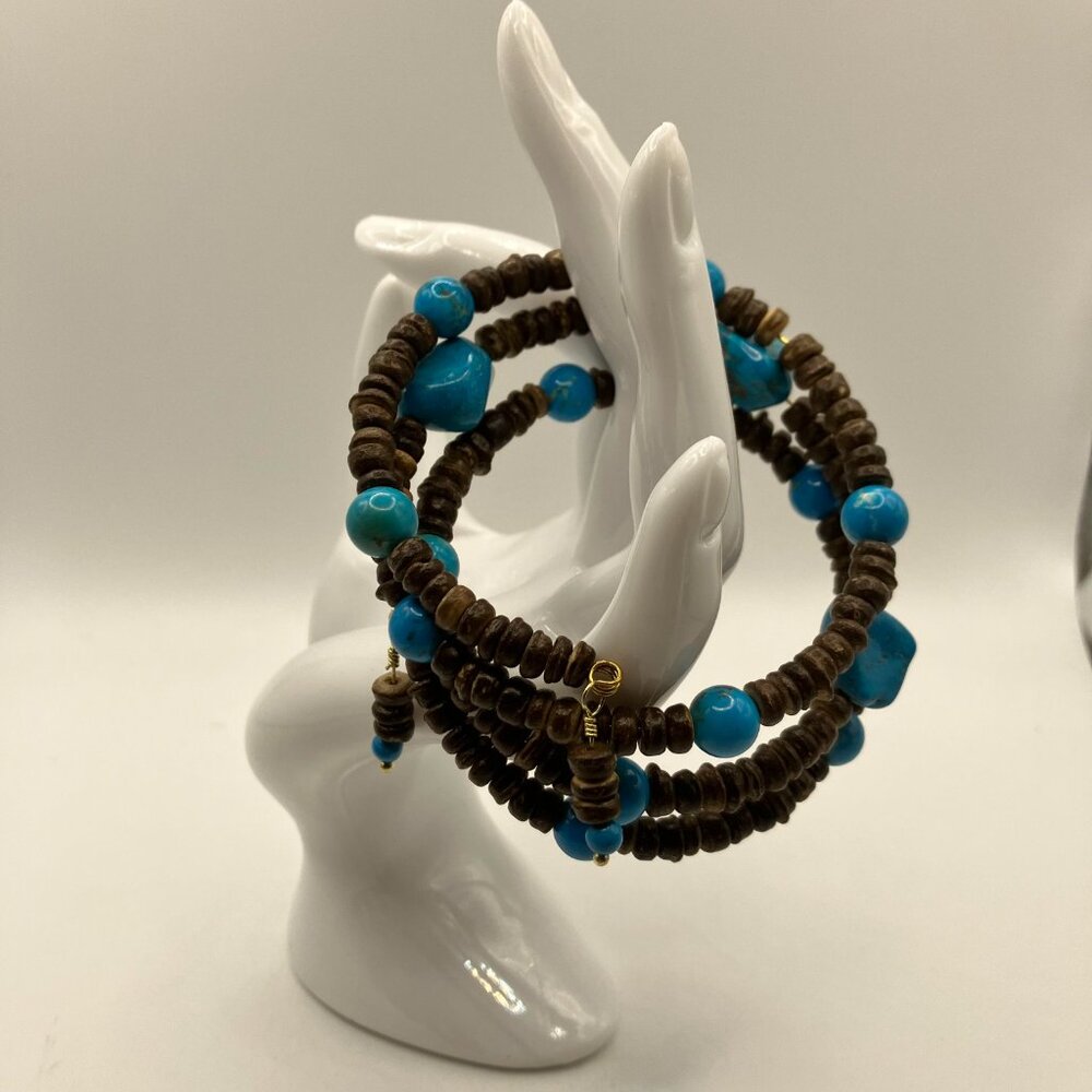 Turquoise colored and wooden beads in a handmade wrap bracelet, Fits all NEW